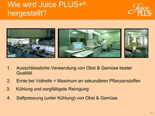1. Ausschliessliche  Verwendung von Obst & Gemüse bester Qualität 2. Ernte bei Vollreife = Maximum an sekundären Pflanzenstoffen 4. Saftpressung (unter Kühlung) von Obst & Gemüse 3. Kühlung und sorgfältigste Reinigung Wie wird Juice  PLUS+ ®   hergestellt? 