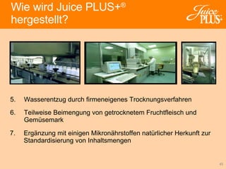 6. Teilweise Beimengung von getrocknetem Fruchtfleisch und Gemüsemark 7. Ergänzung mit einigen Mikronährstoffen natürlicher Herkunft zur Standardisierung von Inhaltsmengen  5. Wasserentzug durch firmeneigenes Trocknungsverfahren Wie wird Juice PLUS+ ®   hergestellt? 