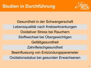 Studien in Durchführung Gesundheit in der Schwangerschaft Lebensqualität nach Krebserkrankungen Oxidativer Stress bei Rauchern Stoffwechsel bei Übergewichtigen Gefäßgesundheit Zahnfleischgesundheit Beeinflussung von Entzündungsparameter Oxidationsstatus bei gesunden Erwachsenen 