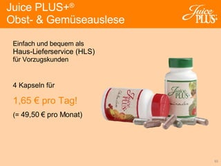 4 Kapseln für 1,65 € pro Tag! (=   49,50 € pro Monat) Einfach und bequem als Haus-Lieferservice (HLS) für Vorzugskunden  Juice PLUS+ ®   Obst- & Gemüseauslese 
