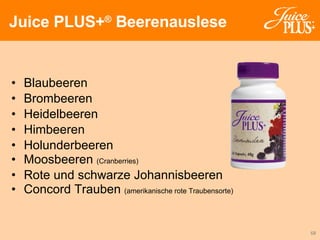 Juice PLUS+ ®  Beerenauslese Blaubeeren  Brombeeren Heidelbeeren Himbeeren Holunderbeeren Moosbeeren  (Cranberries) Rote und schwarze Johannisbeeren Concord Trauben  (amerikanische rote Traubensorte) 