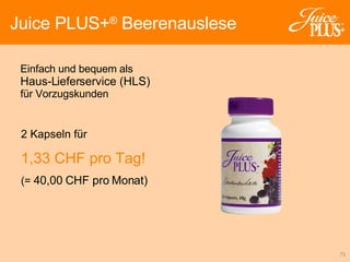 Einfach und bequem als Haus-Lieferservice (HLS) für Vorzugskunden  Juice PLUS+ ®  Beerenauslese 2 Kapseln für 1,33 CHF pro Tag!   (=   40,00 CHF pro Monat) 