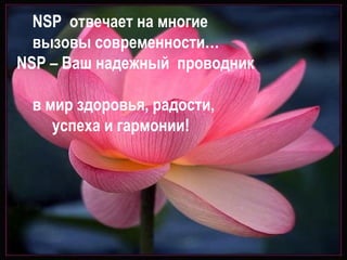 NSP   отвечает на многие вызовы современности… NSP  – Ваш надежный  проводник  в мир здоровья, радости, успеха и гармонии! 