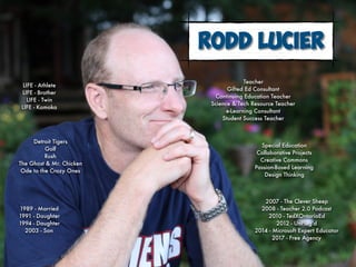 Teacher
Gifted Ed Consultant
Continuing Education Teacher
Science & Tech Resource Teacher
e-Learning Consultant
Student Success Teacher
1989 - Married
1991 - Daughter
1994 - Daughter
2003 - Son
2007 - The Clever Sheep
2008 - Teacher 2.0 Podcast
2010 - TedXOntarioEd
2012 - UnPlug’d
2014 - Microsoft Expert Educator
2017 - Free Agency
LIFE - Athlete
LIFE - Brother
LIFE - Twin
LIFE - Komoka 
Special Education
Collaborative Projects
Creative Commons
Passion-Based Learning
Design Thinking
Detroit Tigers
Golf
Rush
The Ghost & Mr. Chicken
Ode to the Crazy Ones
Rodd Lucier
 