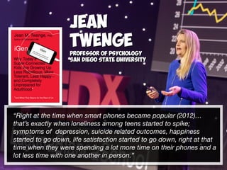 “Right at the time when smart phones became popular (2012)…
that’s exactly when loneliness among teens started to spike;
symptoms of depression, suicide related outcomes, happiness
started to go down, life satisfaction started to go down, right at that
time when they were spending a lot more time on their phones and a
lot less time with one another in person.”
Jean
Twenge
Professor of Psychology
San Diego State University
 