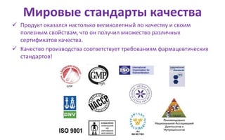Мировые стандарты качества
 Продукт оказался настолько великолепный по качеству и своим
полезным свойствам, что он получил множество различных
сертификатов качества.
 Качество производства соответствует требованиям фармацевтических
стандартов!
 