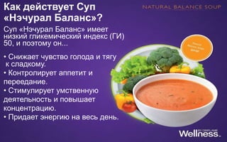 Как действует Суп
«Нэчурал Баланс»?
Суп «Нэчурал Баланс» имеет
низкий гликемический индекс (ГИ)
50, и поэтому он...
• Снижает чувство голода и тягу
к сладкому.
• Контролирует аппетит и
переедание.
• Стимулирует умственную
деятельность и повышает
концентрацию.
• Придает энергию на весь день.
 