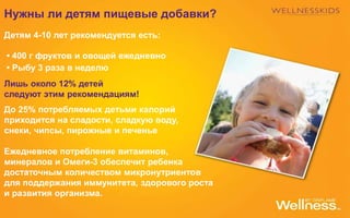 Нужны ли детям пищевые добавки?
Детям 4-10 лет рекомендуется есть:
• 400 г фруктов и овощей ежедневно
• Рыбу 3 раза в неделю
Лишь около 12% детей
следуют этим рекомендациям!
До 25% потребляемых детьми калорий
приходится на сладости, сладкую воду,
снеки, чипсы, пирожные и печенье
Ежедневное потребление витаминов,
минералов и Омеги-3 обеспечит ребенка
достаточным количеством микронутриентов
для поддержания иммунитета, здорового роста
и развития организма.
 