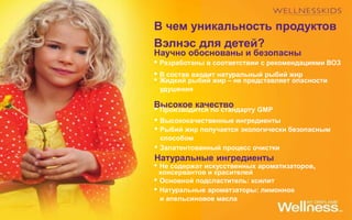 В чем уникальность продуктов
Вэлнэс для детей?
Научно обоснованы и безопасны
• Разработаны в соответствии с рекомендациями ВОЗ
• В состав входит натуральный рыбий жир
• Жидкий рыбий жир – не представляет опасности
удушения
Высокое качество
• Производится по стандарту GMP
• Высококачественные ингредиенты
• Рыбий жир получается экологически безопасным
способом
• Запатентованный процесс очистки
Натуральные ингредиенты
• Не содержат искусственных ароматизаторов,
консервантов и красителей
• Основной подсластитель: ксилит
• Натуральные ароматзаторы: лимонное
и апельсиновое масла
 