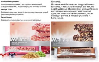 3 источника протеина
Натуральные протеины сои, горошка и молочной
сыворотки без ГМО. Надолго придают чувство сытости.
Четыре злака
Содержат полезные злаки (ячмень, овес, пшеница и рис),
улучшающие пищеварение.
Супер Ягоды
Содержат антиоксиданты и укрепляют здоровье.
Шоколад
Протеиновые батончики «Нэчурал Баланс»
Шоколад – идеальный перекус для тех, кто
ведет здоровый образ жизни. Они сделаны из
натурального какао и доставят такое же
удовольствие как плитка шоколада, но не
навредят фигуре. В каждой упаковке 7
батончиков.
 