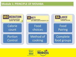 Module 1: PRINCIPLE OF MOVABA
Calorie
count
Portion
Control
Food
choices
Method of
cooking
Food
Pairing
Complete
food groups
 