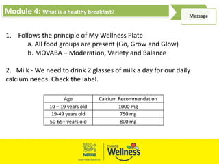 Module 4: What is a healthy breakfast?
1. Follows the principle of My Wellness Plate
a. All food groups are present (Go, Grow and Glow)
b. MOVABA – Moderation, Variety and Balance
2. Milk - We need to drink 2 glasses of milk a day for our daily
calcium needs. Check the label.
Age Calcium Recommendation
10 – 19 years old 1000 mg
19-49 years old 750 mg
50-65+ years old 800 mg
 