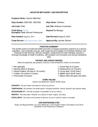 HOUSTON METHODIST JOB DESCRIPTION
Company Name: Houston Methodist
Dept. Number: 50251004, 50251006 Dept. Name: Wellness
Job Code: P249 Job Title:Wellness Coordinator
FLSA Status: Exempt Reports To:Manager
Exemption Test:Learned Professional
Date Initiated: August 6, 2014 Date Revised:August 6, 2014
Comp Review:Click here to enter a date. Approved By: Jennifer Borders
POSITION SUMMARY
This position exists to implement health promotion & disease prevention programs for a diverse
population, and coordinate services, staff, equipment and supplies for Employee Wellness and
Corporate Onsite Services. Must be energetic, professional and self-motivated, possess a
thorough knowledge of health & wellness, with excellent communication and strong motivational
skills.
PATIENT AGE GROUP SERVED
Select the applicable age group(s) of primary customers/patients served by this position.
☐ Not applicable
☐ Neonate (Birth to 28 days)
☐ Infants/Toddlers (29 days to 18 months)
☐ Toddler (18 months to 3 years)
☐ Preschooler (3-6 years)
☐ School Age (6-12 years)
☒ Adolescence (12-18 years)
☒ Young Adult (19-40 Years)
☒ Middle Adult (40-65 Years)
☐ Mature Adult (65 years and older)
ICARE VALUES
System and department specific ICARE values
INTEGRITY: We are honest and ethical in all we say and do.
COMPASSION: We embrace the whole person including emotional, ethical, physical, and spiritual needs.
ACCOUNTABILITY: We hold ourselves accountable for all our actions.
RESPECT: We treat every individual as a person of worth, dignity, and value.
EXCELLENCE: We strive to be the best at what we do and a model for others to emulate.
JOB RESPONSIBILITIES
Duties and Responsibilities are cross-referenced to the hospital’s Pillars of Excellence and will be
transferred to the Performance Evaluation.
 