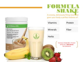 15
FORMULA
1SHAKE
A creamy, deliciously filling meal that
gives your body a perfect balance of:
Vitamins
Minerals
Herbs
Fiber
Protein
Formula 1 Shake Mix + Protein
drink mix = 160 calories
No cholesterol
 