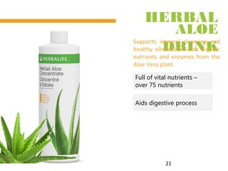 21
HERBAL
ALOE
DRINK
Supports internal cleansing and
healthy elimination with organic
nutrients and enzymes from the
Aloe Vera plant.
Full of vital nutrients –
over 75 nutrients
Aids digestive process
 