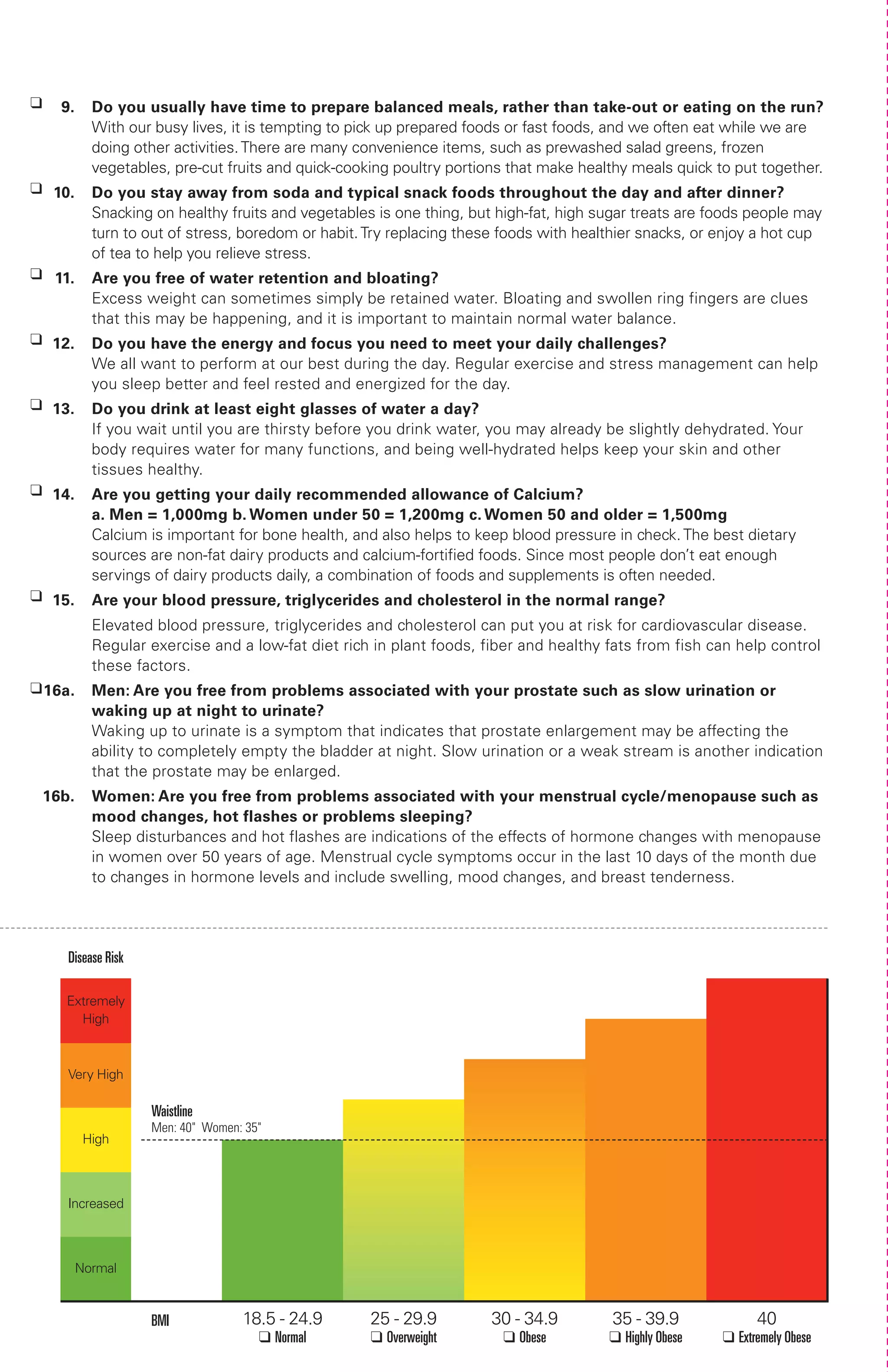 K     9.     Do you usually have time to prepare balanced meals, rather than take-out or eating on the run?
             With our busy lives, it is tempting to pick up prepared foods or fast foods, and we often eat while we are
             doing other activities. There are many convenience items, such as prewashed salad greens, frozen
             vegetables, pre-cut fruits and quick-cooking poultry portions that make healthy meals quick to put together.
K 10.        Do you stay away from soda and typical snack foods throughout the day and after dinner?
             Snacking on healthy fruits and vegetables is one thing, but high-fat, high sugar treats are foods people may
             turn to out of stress, boredom or habit. Try replacing these foods with healthier snacks, or enjoy a hot cup
             of tea to help you relieve stress.
K 11.        Are you free of water retention and bloating?
             Excess weight can sometimes simply be retained water. Bloating and swollen ring fingers are clues
             that this may be happening, and it is important to maintain normal water balance.
K 12.        Do you have the energy and focus you need to meet your daily challenges?
             We all want to perform at our best during the day. Regular exercise and stress management can help
             you sleep better and feel rested and energized for the day.
K 13.        Do you drink at least eight glasses of water a day?
             If you wait until you are thirsty before you drink water, you may already be slightly dehydrated. Your
             body requires water for many functions, and being well-hydrated helps keep your skin and other
             tissues healthy.
K 14.        Are you getting your daily recommended allowance of Calcium?
             a. Men = 1,000mg b. Women under 50 = 1,200mg c. Women 50 and older = 1,500mg
             Calcium is important for bone health, and also helps to keep blood pressure in check. The best dietary
             sources are non-fat dairy products and calcium-fortified foods. Since most people don’t eat enough
             servings of dairy products daily, a combination of foods and supplements is often needed.
K 15.        Are your blood pressure, triglycerides and cholesterol in the normal range?
             Elevated blood pressure, triglycerides and cholesterol can put you at risk for cardiovascular disease.
             Regular exercise and a low-fat diet rich in plant foods, fiber and healthy fats from fish can help control
             these factors.
K 16a.       Men: Are you free from problems associated with your prostate such as slow urination or
             waking up at night to urinate?
             Waking up to urinate is a symptom that indicates that prostate enlargement may be affecting the
             ability to completely empty the bladder at night. Slow urination or a weak stream is another indication
             that the prostate may be enlarged.
    16b.     Women: Are you free from problems associated with your menstrual cycle/menopause such as
             mood changes, hot flashes or problems sleeping?
             Sleep disturbances and hot flashes are indications of the effects of hormone changes with menopause
             in women over 50 years of age. Menstrual cycle symptoms occur in the last 10 days of the month due
             to changes in hormone levels and include swelling, mood changes, and breast tenderness.




       Disease Risk

       Extremely
         High



       Very High

                      Waistline
                      Men: 40" Women: 35"
            High



       Increased



           Normal


                      BMI            18.5 - 24.9      25 - 29.9         30 - 34.9         35 - 39.9             40
                                        K Normal      K Overweight       K Obese         K Highly Obese   K Extremely Obese
 
