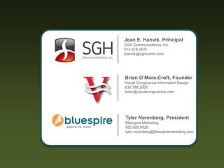 Jean E. Hanvik, Principal
SGH Communications, Inc.
612.618.0433
jhanvik@sghcomm.com
Brian O’Mara-Croft, Founder
Visual Congruence Information Design
630.788.2005
brian@visualcongruence.com
Tyler Norenberg, President
Bluespire Marketing
952.920.9928
tyler.norenberg@bluespiremarketing.com
 