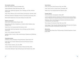 6564
The need for wellness
Dietz, Rob, Enough is Enough, Routledge, 2013
Gallup-Healthways Global Well-being Index, 2016
Hanson, Rick, Hardwiring Happiness, How to Reshape your Brain, Random
House, 2013
Sacks, Oliver, Affluenza, How to be Successful and Stay Sane, Vermillion, 2007
Well-being Institute at Cambridge University, Flourishing across Europe, 2011
World Health Organisation, Facts about Ageing, Fact Sheet, 2014
Radical compassion
Brown, Brene, Daring Greatly, Penguin, 2002
Brown, Brene, The Gifts of Imperfection, A Guide to Whole Hearted Living,
Hazelden, 2010
Gilbert, Paul, The Compassionate Mind, Robinson 2010
Hanson, Rick, Hardwiring Happiness, How to Reshape your Brain, Random
House 2013
Sacks, Oliver, Gratitude, Picador, 2015
Seligman, Martin, Flourish, A New Understanding of Happiness and Wellbeing,
NB, 2011
Embodied wisdom
Feldenkrais, Moshe, Awareness through Movement, HarperCollins, 1977
Foster, Mary Ann, Somatic Patterning, Educational Movement Systems
Press, 2004
Hanna, Thomas, Somatics, Life Long, 1988
Leboyer, Frederick, Birth without Violence, Healing Arts Press, 2002
Levine, Peter, Walking the Tiger, Healing Trauma, North Atlantic Press, 1997
Social ﬁtness
Chirky, Clay, Here Comes Everyone, Allen Lane, 2008
Evans, Jules, The Art of Losing Control, Canongate, 2017
Gilbert, Paul, The Compassionate Mind, Robinson 2010
Somatic spaces
Antonovsky, Aaron, Salutogenesis, Verlag, 1997
Lawrence Berkeley National Laboratory, The National Human Activity Pattern
Survey: A Resource for Assessing Exposure to Environmental Pollutants, 2001
Pallasmaa, Juhani, The Thinking Hand, Existential and Embodied Wisdom
in Architecture, John Wiley, 2009
Perry, Grayson, The Descent of Man, Allen Lane, 2016.
Ulrich, Roger, A View Through a Window May Inﬂuence Recovery from Surgery,
American Association Advancement of Science, 1984
Biohacking
Csikszentmihalyi, Mihaly, Flow, The Psychology of Optimal Experience, Harper
& Row, 1990
 