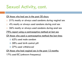 Sexual Activity, cont.
Of those who had sex in the past 30 days:
   51% mostly or always used condoms during vaginal sex
   4% mostly or always used condoms during oral sex
   26% mostly or always used condoms during anal sex
79% report using a contraceptive method at last sex
Of those who used a contraceptive method the last time:
    62% used male condom

    58% used birth control pill

    27% used withdrawal

Of those who had vaginal sex in the past 12 months:
17% used EC (unknown frequency)
 