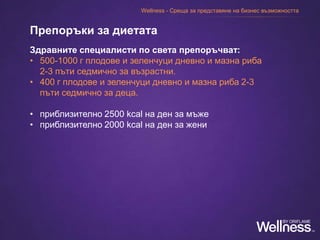 Здравните специалисти по света препоръчват:
• 500-1000 г плодове и зеленчуци дневно и мазна риба
2-3 пъти седмично за възрастни.
• 400 г плодове и зеленчуци дневно и мазна риба 2-3
пъти седмично за деца.
• приблизително 2500 kcal на ден за мъже
• приблизително 2000 kcal на ден за жени
Препоръки за диетата
Wellness - Среща за представяне на бизнес възможността
 
