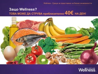 ТОВА МОЖЕ ДА СТРУВА приблизително 40€ НА ДЕН!
Защо Wellness?
Wellness - Среща за представяне на бизнес възможността
 