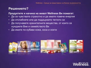 Продуктите и начина на живот Wellness Ви помагат:
• Да се чувствате страхотно и да имате повече енергия
• Да отслабнете или да поддържате теглото си
• Да получавате хранителните вещества, от които се
нуждаете Вие и семейството Ви
• Да имате по-хубави кожа, коса и нокти
Решението?
Wellness - Среща за представяне на бизнес възможността
 