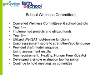 School Wellness Committees
• Convened Wellness Committees- 6 school districts
• Year 1—
• Implemented projects and utilized funds
• Year 2—
• Utilized WellSAT tool-(online function)
• Used assessment score to strengthen/add language
• Provided draft model language
Using assessment results
New requirement: Healthy, Hunger Free Kids Act
• Developed a simple evaluation tool for policy
• Continue to hold meetings as committee
 