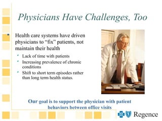 Physicians Have Challenges, Too
 Health care systems have driven
physicians to “fix” patients, not
maintain their health
 Lack of time with patients
 Increasing prevalence of chronic
conditions
 Shift to short term episodes rather
than long term health status.
Our goal is to support the physician with patient
behaviors between office visits
 