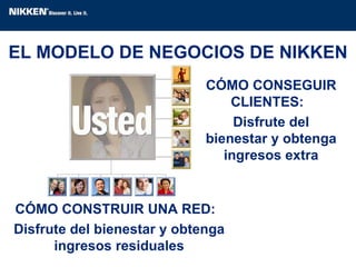 EL MODELO DE NEGOCIOS DE NIKKEN CÓMO CONSEGUIR CLIENTES:  Disfrute del bienestar y obtenga ingresos extra CÓMO CONSTRUIR UNA RED:  Disfrute del bienestar y obtenga ingresos residuales 