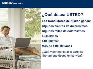 ¿Qué desea USTED?  Los Consultores de Nikken ganan: Algunos cientos de dólares/mes Algunos miles de dólares/mes $5,000/mes $10,000/mes Más de $100,000/mes ¿Qué valor mensual le daría la libertad que desea en su vida?   