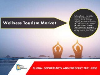 GLOBAL OPPORTUNITY AND FORECAST 2021-2030
Wellness Tourism Market
Wellness Tourism Market by
Service Type (Transport,
Lodging, Food & Beverage,
Shopping, Activities & Excursion,
and Others), Location (Domestic
and International), Travelers
Type (Primary and Secondary):
Global Opportunity Analysis and
Industry Forecast, 2021–2030
 