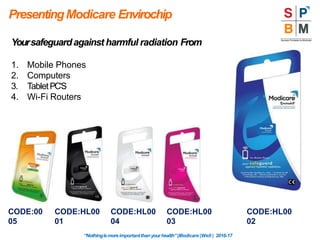PresentingModicare Envirochip
Yoursafeguardagainst harmful radiation From
1. Mobile Phones
2. Computers
3. TabletPC’S
4. Wi-Fi Routers
CODE:HL00
02
“Nothingismoreimportantthanyourhealth”|Modicare |Well | 2016-17
CODE:HL00
03
CODE:HL00
04
CODE:HL00
01
CODE:00
05
 