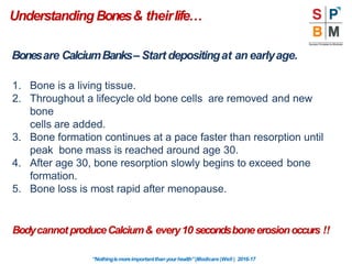 UnderstandingBones& theirlife…
Bonesare CalciumBanks– Start depositingat an earlyage.
1. Bone is a living tissue.
2. Throughout a lifecycle old bone cells are removed and new
bone
cells are added.
3. Bone formation continues at a pace faster than resorption until
peak bone mass is reached around age 30.
4. After age 30, bone resorption slowly begins to exceed bone
formation.
5. Bone loss is most rapid after menopause.
Bodycannot produceCalcium& every10 secondsboneerosionoccurs !!
“Nothingismoreimportantthanyourhealth”|Modicare |Well | 2016-17
 