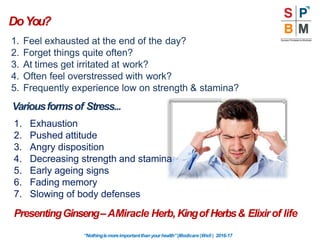 DoYou?
1. Feel exhausted at the end of the day?
2. Forget things quite often?
3. At times get irritated at work?
4. Often feel overstressed with work?
5. Frequently experience low on strength & stamina?
Variousformsof Stress...
1. Exhaustion
2. Pushed attitude
3. Angry disposition
4. Decreasing strength and stamina
5. Early ageing signs
6. Fading memory
7. Slowing of body defenses
PresentingGinseng–AMiracle Herb, Kingof Herbs& Elixirof life
“Nothingismoreimportantthanyourhealth”|Modicare |Well | 2016-17
 
