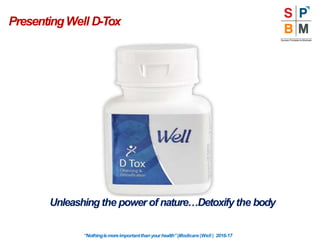 PresentingWell D-Tox
Unleashingthe power of nature…Detoxify the body
“Nothingismoreimportantthanyourhealth”|Modicare |Well | 2016-17
 