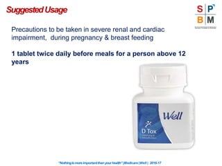 Precautions to be taken in severe renal and cardiac
impairment, during pregnancy & breast feeding
1 tablet twice daily before meals for a person above 12
years
SuggestedUsage
“Nothingismoreimportantthanyourhealth”|Modicare |Well | 2016-17
 