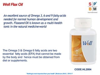 Well FlaxOil
The Omega 3 & Omega 6 fatty acids are two
essential fatty acids (EFA) that cannot be made
by the body and hence must be obtained from
diet or supplements.
CODE:HL2004
“Nothingismoreimportantthanyourhealth”|Modicare |Well | 2016-17
An excellent source of Omega 3, 6 and 9 fatty acids
needed for normal human development and
growth. Flaxseed Oil is known as a multi-health
tonic in the natural medicineworld
 