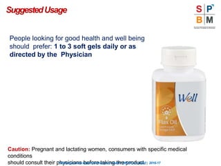 SuggestedUsage
People looking for good health and well being
should prefer: 1 to 3 soft gels daily or as
directed by the Physician
Caution: Pregnant and lactating women, consumers with specific medical
conditions
should consult their physicians before taking the product.
“Nothingismoreimportantthanyourhealth”|Modicare |Well | 2016-17
 