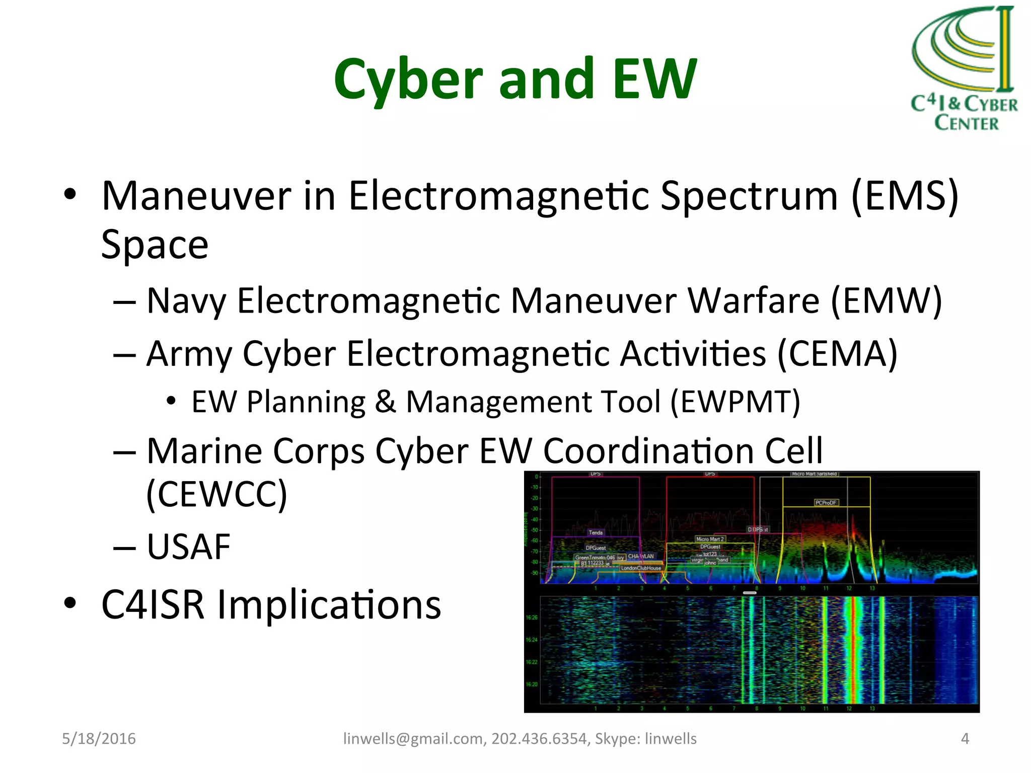 Cyber	
  and	
  EW	
  
•  Maneuver	
  in	
  ElectromagneTc	
  Spectrum	
  (EMS)	
  
Space	
  
– Navy	
  ElectromagneTc	
  Maneuver	
  Warfare	
  (EMW)	
  
– Army	
  Cyber	
  ElectromagneTc	
  AcTviTes	
  (CEMA)	
  
•  EW	
  Planning	
  &	
  Management	
  Tool	
  (EWPMT)	
  
– Marine	
  Corps	
  Cyber	
  EW	
  CoordinaTon	
  Cell	
  
(CEWCC)	
  
– USAF	
  
•  C4ISR	
  ImplicaTons	
  
5/18/2016	
   linwells@gmail.com,	
  202.436.6354,	
  Skype:	
  linwells	
   4	
  
 