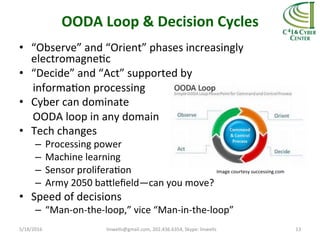 OODA	
  Loop	
  &	
  Decision	
  Cycles	
  
•  “Observe”	
  and	
  “Orient”	
  phases	
  increasingly	
  
electromagneTc	
  
•  “Decide”	
  and	
  “Act”	
  supported	
  by	
  
	
  	
  	
  	
  	
  informaTon	
  processing	
  
•  Cyber	
  can	
  dominate	
  	
  
	
  	
  	
  	
  	
  OODA	
  loop	
  in	
  any	
  domain	
  
•  Tech	
  changes	
  
–  Processing	
  power	
  
–  Machine	
  learning	
  
–  Sensor	
  proliferaTon	
  
–  Army	
  2050	
  bahleﬁeld—can	
  you	
  move?	
  
•  Speed	
  of	
  decisions	
  
–  “Man-­‐on-­‐the-­‐loop,”	
  vice	
  “Man-­‐in-­‐the-­‐loop”	
  
5/18/2016	
   linwells@gmail.com,	
  202.436.6354,	
  Skype:	
  linwells	
   13	
  
Image	
  courtesy	
  successing.com	
  
 