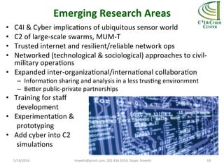 Emerging	
  Research	
  Areas	
  
•  C4I	
  &	
  Cyber	
  implicaTons	
  of	
  ubiquitous	
  sensor	
  world	
  
•  C2	
  of	
  large-­‐scale	
  swarms,	
  MUM-­‐T	
  
•  Trusted	
  internet	
  and	
  resilient/reliable	
  network	
  ops	
  
•  Networked	
  (technological	
  &	
  sociological)	
  approaches	
  to	
  civil-­‐
military	
  operaTons	
  
•  Expanded	
  inter-­‐organizaTonal/internaTonal	
  collaboraTon	
  
–  InformaTon	
  sharing	
  and	
  analysis	
  in	
  a	
  less	
  trusTng	
  environment	
  	
  
–  Beher	
  public-­‐private	
  partnerships	
  
•  Training	
  for	
  staﬀ	
  	
  
	
  	
  	
  	
  	
  	
  development	
  
•  ExperimentaTon	
  &	
  	
  
	
  	
  	
  	
  	
  	
  prototyping	
  
•  Add	
  cyber	
  into	
  C2	
  	
  
	
  	
  	
  	
  	
  	
  simulaTons	
  
	
  
	
   5/18/2016	
   linwells@gmail.com,	
  202.436.6354,	
  Skype:	
  linwells	
   18	
  
 