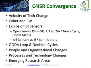 C4ISR	
  Convergence	
  
•  Velocity	
  of	
  Tech	
  Change	
  
•  Cyber	
  and	
  EW	
  	
  
•  Explosion	
  of	
  Sensors	
  
– Open	
  Source	
  ISR—GIS,	
  UASs,	
  24x7	
  News	
  Cycle,	
  
Social	
  Media	
  
– IoT	
  Sensors	
  as	
  ISR	
  contributors	
  
•  OODA	
  Loop	
  &	
  Decision	
  Cycles	
  
•  People	
  and	
  OrganizaTonal	
  Changes	
  
•  Processes	
  and	
  Technology	
  Changes	
  
•  Emerging	
  Research	
  Areas	
  
5/18/2016	
   linwells@gmail.com,	
  202.436.6354,	
  Skype:	
  linwells	
   2	
  
 