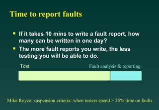 Time to report faults

If it takes 10 mins to write a fault report, how
many can be written in one day?

The more fault reports you write, the less
testing you will be able to do.
Test Fault analysis & reporting
Mike Royce: suspension criteria: when testers spend > 25% time on faults
 