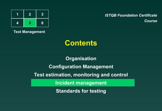 Contents
Organisation
Configuration Management
Test estimation, monitoring and control
Incident management
Standards for testing
ISTQB Foundation Certificate
Course
Test Management
1 2
4 5
3
6
 