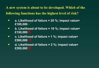 A new system is about to be developed. Which of the
following functions has the highest level of risk?

a. Likelihood of failure = 20 %; impact value=
£100,000

b. Likelihood of failure = 10 %; impact value=
£150,000

c. Likelihood of failure = 1 %; impact value=
£500,000

d. Likelihood of failure = 2 %; impact value=
£200,000
 