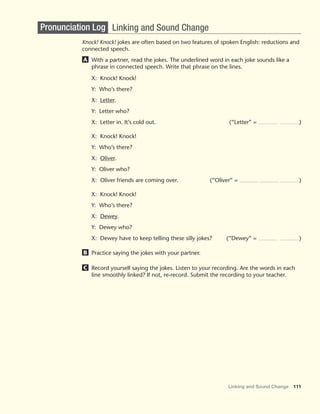 Linking and Sound Change 111
Knock! Knock! jokes are often based on two features of spoken English: reductions and
connected speech.
A With a partner, read the jokes. The underlined word in each joke sounds like a
phrase in connected speech. Write that phrase on the lines.
X: Knock! Knock!
Y: Who’s there?
X: Letter.
Y: Letter who?
X: Letter in. It’s cold out. (“Letter” = )
X: Knock! Knock!
Y: Who’s there?
X: Oliver.
Y: Oliver who?
X: Oliver friends are coming over. (“Oliver” = )
X: Knock! Knock!
Y: Who’s there?
X: Dewey.
Y: Dewey who?
X: Dewey have to keep telling these silly jokes? (“Dewey” = )
B Practice saying the jokes with your partner.
C Record yourself saying the jokes. Listen to your recording. Are the words in each
line smoothly linked? If not, re-record. Submit the recording to your teacher.
Pronunciation Log Linking and Sound Change
 