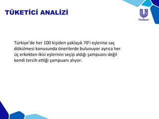 TÜKETİCİ ANALİZİ
Türkiye’de her 100 kişiden yaklaşık 70’i eşlerine saç
dökülmesi konusunda önerilerde bulunuyor ayrıca her
üç erkekten ikisi eşlerinin seçip aldığı şampuanı değil
kendi tercih ettiği şampuanı alıyor.
 