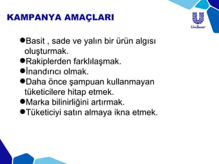KAMPANYA AMAÇLARI
Basit , sade ve yalın bir ürün algısı
oluşturmak.
Rakiplerden farklılaşmak.
İnandırıcı olmak.
Daha önce şampuan kullanmayan
tüketicilere hitap etmek.
Marka bilinirliğini artırmak.
Tüketiciyi satın almaya ikna etmek.
 
