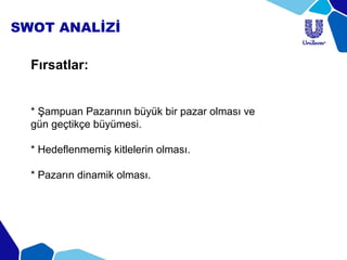 SWOT ANALİZİ
Fırsatlar:
* Şampuan Pazarının büyük bir pazar olması ve
gün geçtikçe büyümesi.
* Hedeflenmemiş kitlelerin olması.
* Pazarın dinamik olması.
 