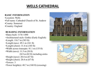 BASIC INFORMATION
•Location: Wells
•Full name: Cathedral Church of St. Andrew
•County: Somerset
•Country: England
WELLS CATHEDRAL
BUILDING INFORMATION
•Dates built: 1176–1490
•Architectural style: Gothic (Early English)
•Length: 116.7 m (383 ft)
•Length (nave: 49.1 m (161 ft)
•Length (choir): 31.4 m (103 ft)
•Width across transepts: 41.1 m (135 ft)
•Width (nave): 11.5 m (38 ft)
24.9 m (82 ft) including aisles
•Height (nave): 20.4 m (67 ft)
•Height (choir): 20.4 m (67 ft)
•Towers: 3
•Tower height(s): 48.7 m (160 ft) (crossing)
 